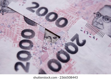 Washington's eyes are seen surrounded by 2,000 Argentine peso bills - Shutterstock ID 2366508443