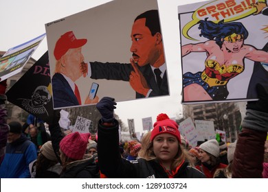 Washington/USA – January 19, 2019: A Protester Holding A Poster Of Dr. Martin Luther King Jr. And Donald Trump At The 2019 Women’s March.