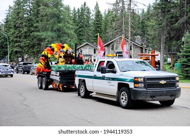 Waskesiu, Saskatchewan, Canada - July 1, 2019: Colorful Parade Floats And People Take Part In A Parade To Celebrate Canada Day In Prince Albert National Park.