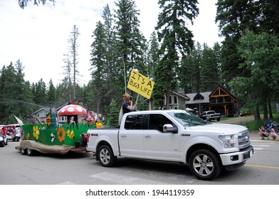 Waskesiu, Saskatchewan, Canada - July 1, 2019: Colorful Parade Floats And People Take Part In A Parade To Celebrate Canada Day In Prince Albert National Park.