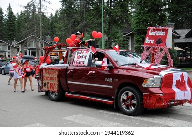 Waskesiu, Saskatchewan, Canada - July 1, 2019: Colorful Parade Floats And People Take Part In A Parade To Celebrate Canada Day In Prince Albert National Park.