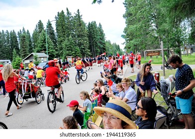 Waskesiu, Saskatchewan, Canada - July 1, 2019: Colorful Parade Floats And People Take Part In A Parade To Celebrate Canada Day In Prince Albert National Park.