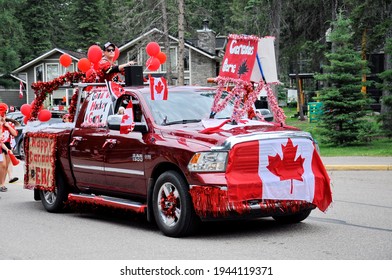 Waskesiu, Saskatchewan, Canada - July 1, 2019: Colorful Parade Floats And People Take Part In A Parade To Celebrate Canada Day In Prince Albert National Park.