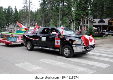 Waskesiu, Saskatchewan, Canada - July 1, 2019: Colorful Parade Floats And People Take Part In A Parade To Celebrate Canada Day In Prince Albert National Park.