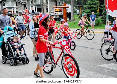 Waskesiu, Saskatchewan, Canada - July 1, 2019: Colorful Parade Floats And People Take Part In A Parade To Celebrate Canada Day In Prince Albert National Park.