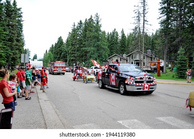 Waskesiu, Saskatchewan, Canada - July 1, 2019: Colorful Parade Floats And People Take Part In A Parade To Celebrate Canada Day In Prince Albert National Park.