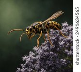 A wasp is a slender, flying insect known for its distinctive narrow waist and sharp sting. Wasps typically have yellow and black or red and black striped bodies and transparent wings. They can be soli