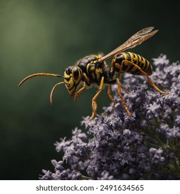 A wasp is a slender, flying insect known for its distinctive narrow waist and sharp sting. Wasps typically have yellow and black or red and black striped bodies and transparent wings. They can be soli