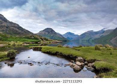 Wast Water in the Lake District on a calm summer evening,  towards Kirk Fell, Great Gable and Scafell Pike. - Shutterstock ID 2271113293