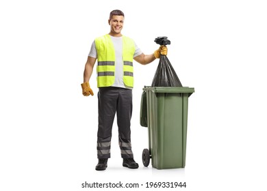 Waste Collector Holding A Bin Bag Isolated On White Background