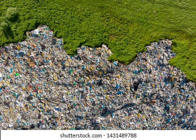 Waste Garbage Dump Household Pile Trash, Aerial Top View Background. Concept Environmental Struggle With Plastic Industry.