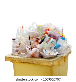 Waste heap, Waste Garbage trash plastic full of trash bin yellow, Plastic bag waste Lots of junk isolated on white background, Garbage many close-up
