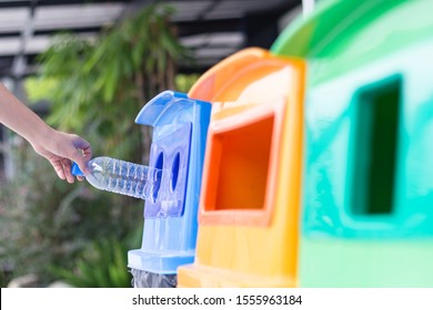 Waste Management, Woman Throwing Plastic Bottle Into Recycle Bin. Waste Separation Rubbish Before Drop To Garbage Bin To Save The World, Environment Care. Pollution Trash Recycling Management Concept.