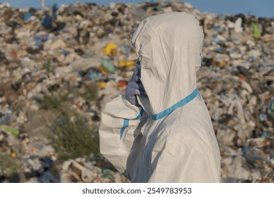 A waste management worker in protective gear stands near a large landfill teeming with plastic and other debris, focusing on pollution prevention and ecosystem health. Sanitation efforts are evident. - Powered by Shutterstock