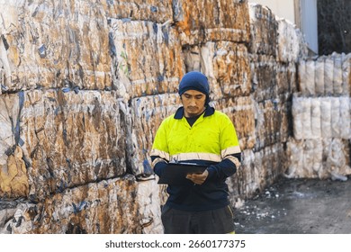 Waste management worker taking notes on clipboard while inspecting bales of recycled materials at a recycling plant, promoting sustainability and circular economy