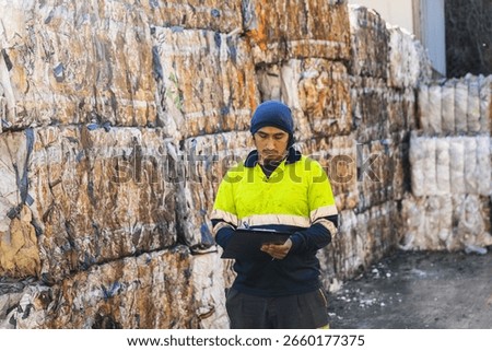 Waste management worker taking notes on clipboard while inspecting bales of recycled materials at a recycling plant, promoting sustainability and circular economy