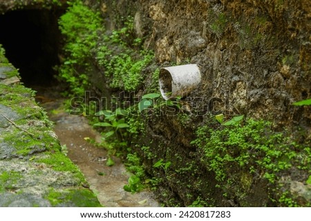 waste pipe to the waste water channel. The waste water channel is overgrown with moss