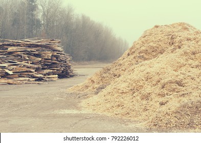 Waste Sawmill In The Form Of A Stack Of Boards And A Mountain Of Sawdust