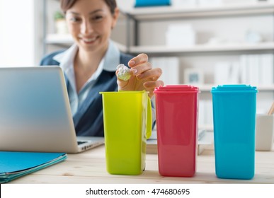 Waste Separate Collection And Recycling In The Workplace, Office Worker Sorting Garbage Using Different Trash Bins