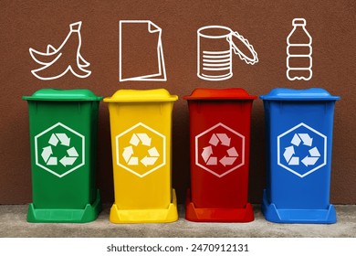 Waste sorting. Illustrations of different garbage types over recycling bins near brown wall - Powered by Shutterstock