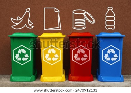 Waste sorting. Illustrations of different garbage types over recycling bins near brown wall