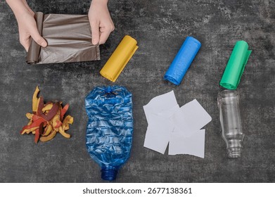 Waste sorting system for types and colored bags, brown bag for biodegradable waste