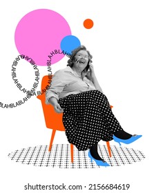 Waste Time. Contemporary Art Collage. Happy Senior Woman Sitting On Armchair And Talking On Phone Isolated Over Abstract Background. Rumors, Gossip And Chatter. Vintage Fashion Concept