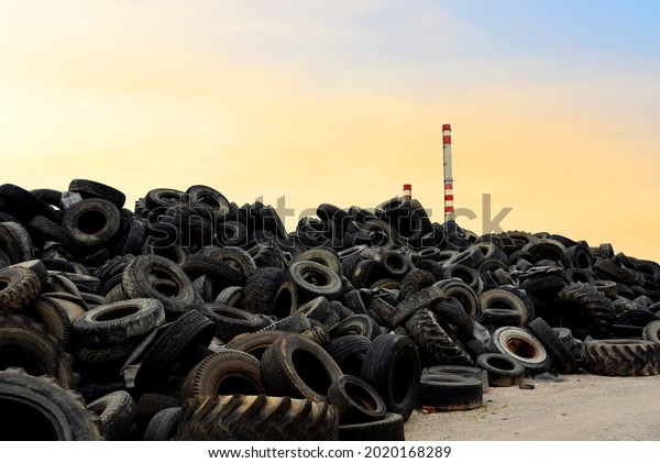 Waste tires\
and tyres at landfill for recycling. Regenerated tire rubber\
produced. Reuse of the waste rubber tyres. Pile of old wheels for\
recycling. Disposal of waste tires. Tyre\
dump