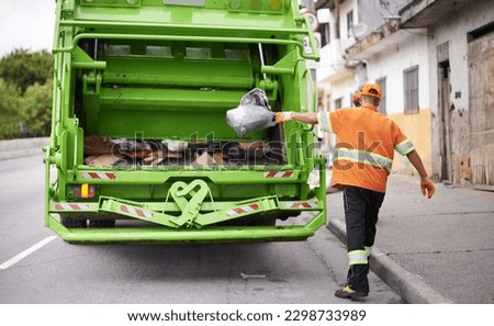 Waste, truck and man with garbage, collection and recycling in the community, city and clean. Back, male employee and trash collector with vehicle, street and service with rubbish and sanitation