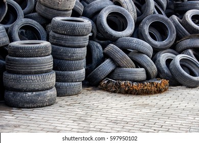 Waste of used car tires in the tire repair shop yard with a copy space. 
