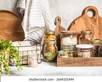 Waste-free domestic life. Kitchen storage of reusable products for the environment and zero waste life. Plastic free life. Zero waste concept.
