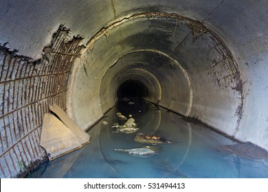 Wastewater From The Factory, Flowing Through The Sewer Pipe