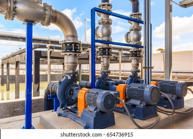 Wastewater treatment plant. A new pumping station. Valves and pipes. Urban modern treatment facilities, pipelines and pumps powerful, modern automatic system protection and control.