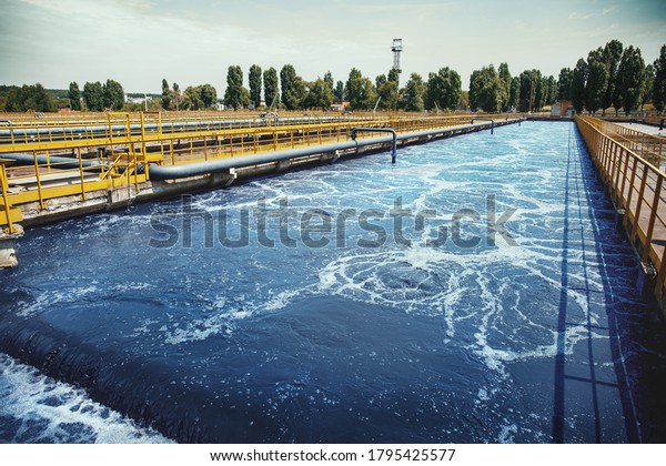 Wastewater treatment plant. Reservoir for\
purification of\
sewage.