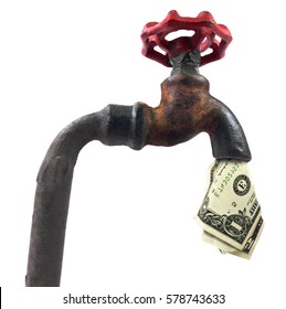 Wasting money. Isolated faucet with cash on a white background.
