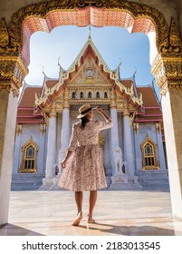 Wat Benchamabophit temple in Bangkok Thailand, The Marble temple in Bangkok. Asian woman with hat visiting temple in Bangkok - Shutterstock ID 2183013545