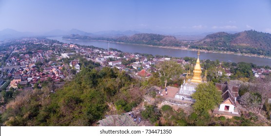Wat Chomsi Golden Stupa On Mount Phousi, Luang Prabang, Laos, Aerial Panorama