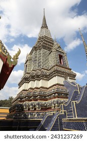 Wat Phra Chetuphon Vimolmangklararm Rajwaramahaviharn (Wat Pho) Buddhist temple complex in Bangkok city, Thailand. Religious traditional national Thai architecture. Landmark, architectural monument