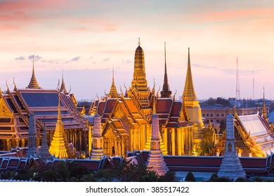 Wat Phra Kaew landmark in Bangkok, temple of the emerald Buddha and Grand Palace at twilight in Bangkok, Thailand,Bangkok is the most populated city in Southeast Asia.