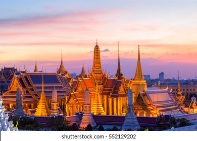 Wat Phra Kaew landmark in Bangkok, temple of the emerald Buddha and Grand Palace at twilight in Bangkok, Thailand,Bangkok is the most populated city in Southeast Asia.