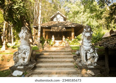 Wat Phra Lat in Chiang Mai. Temple of a Buddhist monastery with statues, hidden in the middle of the forest and accessed by a path.