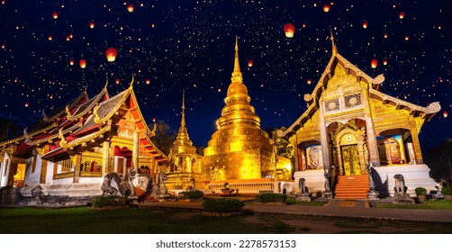 wat phra singh temple in night time in raining season in Chiang mai city, Thailand