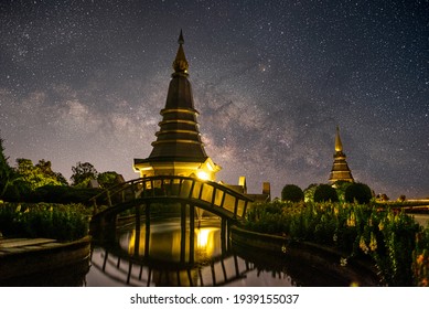 Wat Phra That At Doi Inthanon At Night With Stars And Milky Way In The Sky.