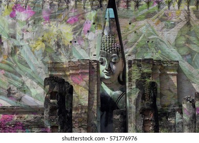 Wat Si Chum In Sukhothai Historical Park Is A Historic Site, Big Statue Buddha Phra Achana, Sukhothai Thailand And Praying Flower, Candle, Incense Stick. Double Exposure.