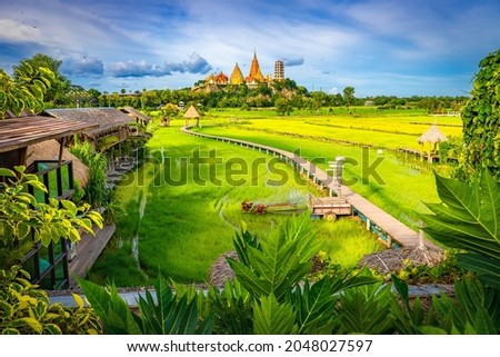Wat Tham Sua temple is a rice field around in Kanchanaburi, Thailand