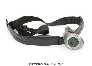 Watch And Chest Strap Of Heart Rate Monitor On White