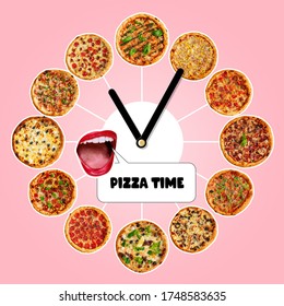 Watch from different pizza with open mouth with teeth saying "pizza time" isolated on pink background. Pop art and advertisement concept.