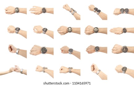 Watch On Arm With Collection Of Man Isolated On White Background