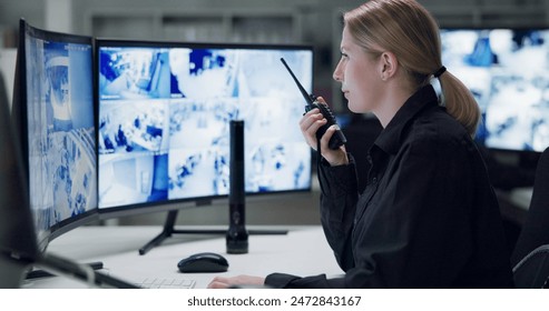 Watch, security and woman with radio, cctv and monitor for danger, talking and control room for guard. Desk, night and working for protection, safety and communication to backup and connection - Powered by Shutterstock