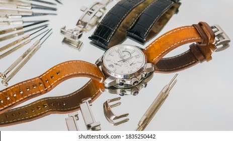 Watch spring bar tools isolated over white background. Spring bar tool used to remove spring bars to change watch strap.